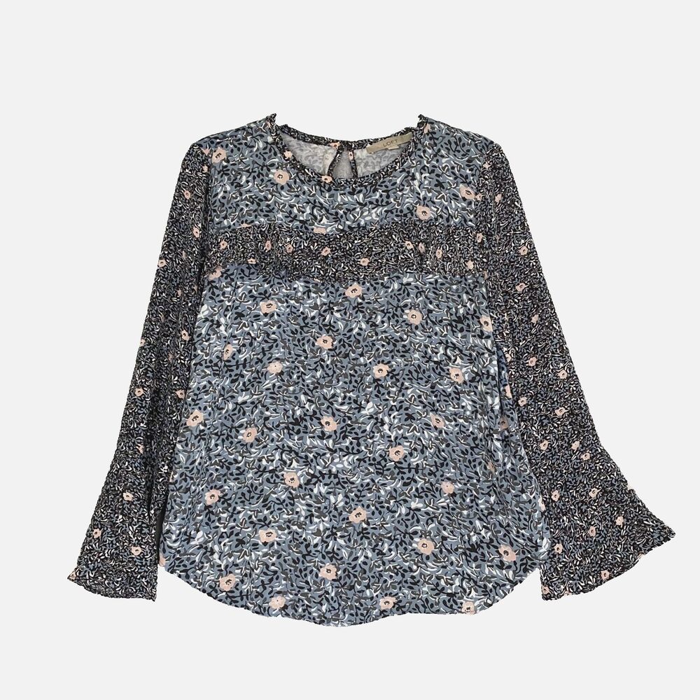 Loft Women's Tunic Size M Pink Blue Floral Ruffle Bell Sleeve Keyhole
